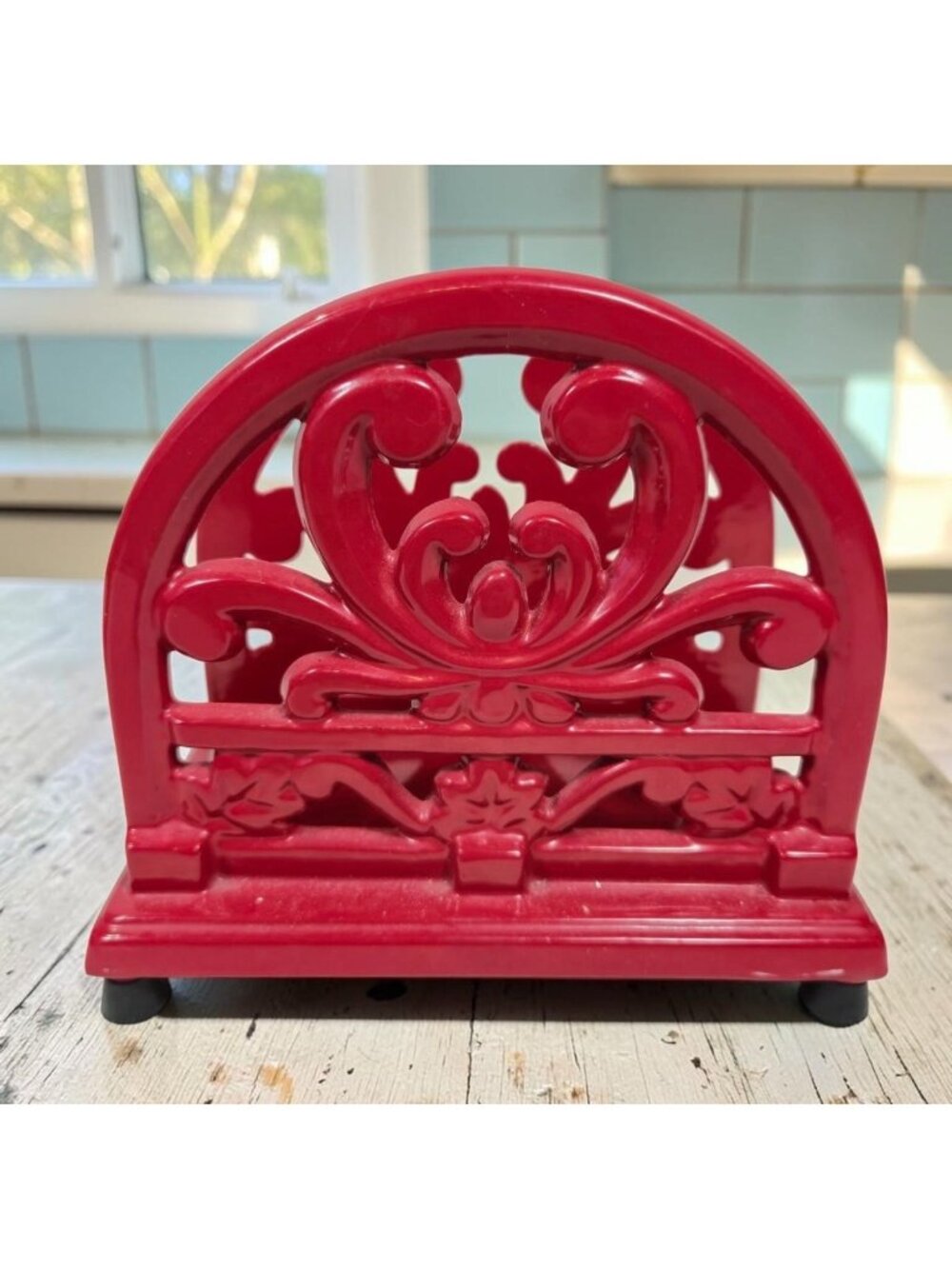 Decorative Red Cast Iron Napkin Holder With Ornate Scroll Design